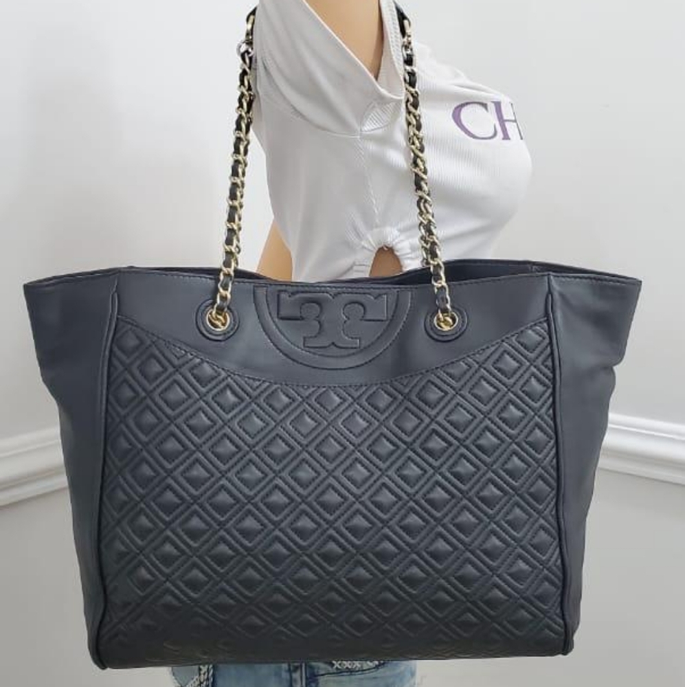 Tory Burch Black Quilted Tote with Chain Straps